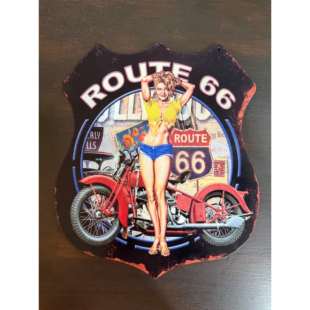 Route 66 Pinup Girl Metal 12x12 Sign Vintage Style Motorcycle Garage Decor